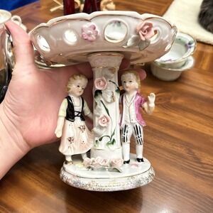 Vintage Von Schierholz Porcelain Boy Girl Compost Pedestal Bowl Roses‎ 2 Pieces